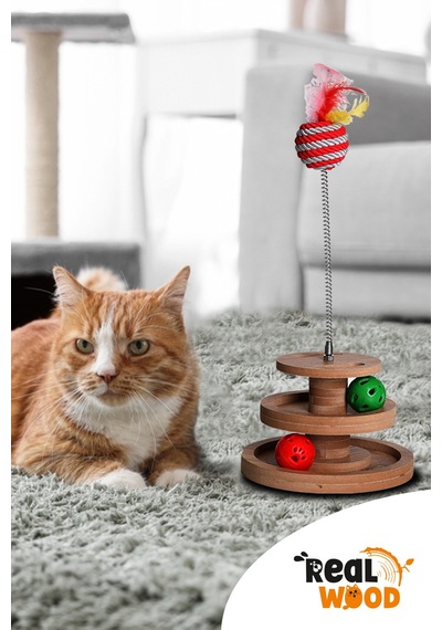 Ahşap - Kedi Oyuncağı - Çok Amaçlı Kullanım Çıngıraklı Ve Yaylı Top İçermektedir