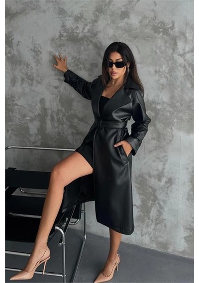 Dip Moda Neşeli Butik Kadın Marilyn Siyah Suni Deri Trençkot Nbmylk21