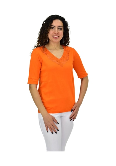 Kadın Yarım Kol V Yaka Yaka Sırt Detaylı Triko Tişöt 12837 Bgl-st04658 Turuncu
