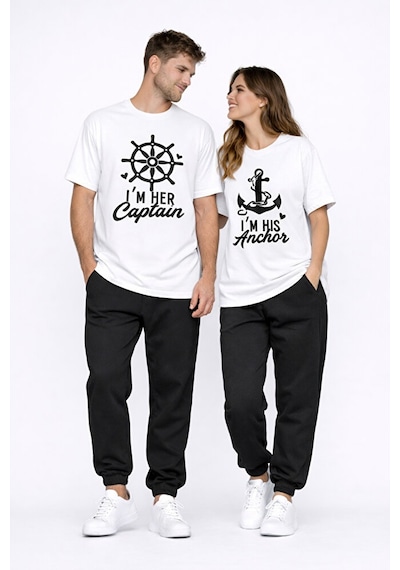Sevgili Kombini Oversize Çift Tişört Unisex Captain Anchor Baskıl Beyaz