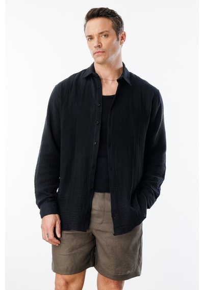 Genius Store Oversize Basic Erkek Müslin Gömlek Erkek-müslin-gömlek Siyah