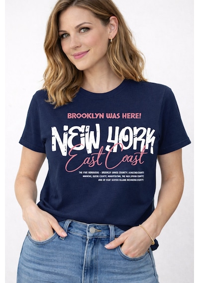 Herkesemoda East Coast Baskı Detaylı Kadın Bisiklet Yaka Pamuklu T-shirt Lacivert