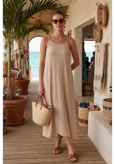 Lela Regular Fit Ip Askılı Uzun Bayan Elbise 5865732 Taş