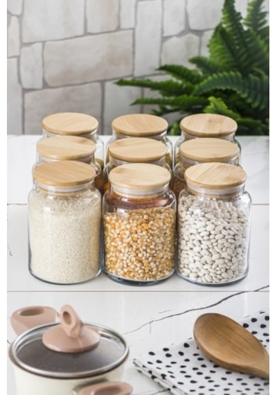 9 Lu Set Bambu Kapaklı Cam Kavanoz & Erzak Saklama Kabı 800 Ml Orta Boy Vakum Kapak