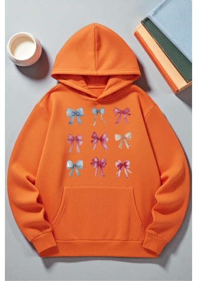 Uyguntarz Unisex Renkli Kurdele Baskılı Kapüşonlu Sweatshirt Turuncu