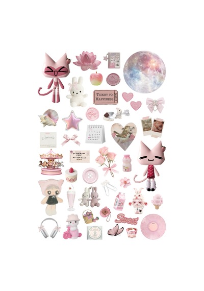 43 Adet Pembe Downtown Grunge Y2k Sticker Seti - Etiket Seti Scrapbook Bullet Journal
