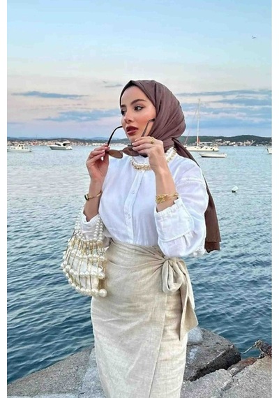 Unika Boutique Fiyonk Bağlamalı İçi Astarlı Keten Etek - Taş Rengi Bos