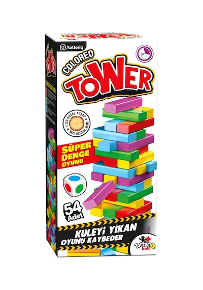 Tower Renkli Jenga Büyük Boy Doğal Ahşap Denge Oyunu Kule Oyunu Tower 54 Adet