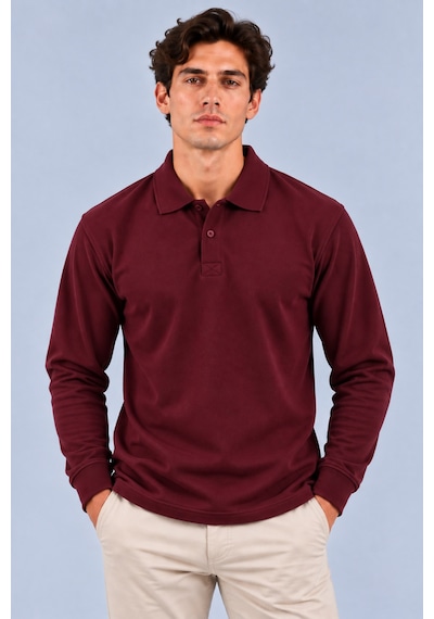 Parshey Erkek Uzun Kollu Polo Yaka Tişört %100 Pamuk 200 Gr Compact Pike Bordo