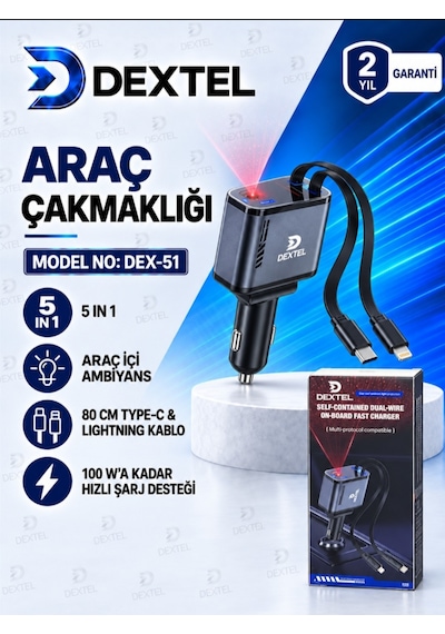 5 İn 1 Araç Çakmaklık Şarj Cihazı - Hızlı Şarj Özellikli - Lazer Tavan Aydınlatma Ambianslı - 12-24 V Uyumlu - Çekmeli Makaralı Kablolu