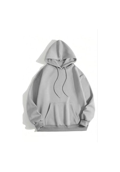 Kadın Kapüşonlu Kanguru Cepli 3 İplik Pamuklu Düz Hoodie Sweatshirt - Gri