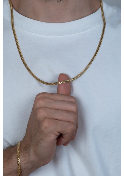 Gold Ezme Yassı Yılan Çelik Unisex Kolye Ve Bileklik Seti Eck37S