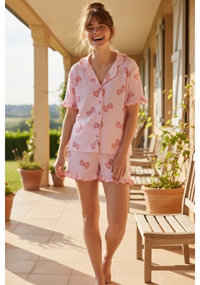 Siyah İnci Bürümcük-krınkıl Kısa Kollu Düğmeli Şortlu Pijama Takım 26120126 Pembe Fiyonk