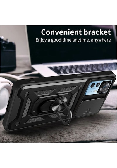 Xiaomi 12T Pro Uyumlu Tank Kılıf Yüzüklü Standlı Extra Koruma Zırhlı Outdoor Kapak - Siyah