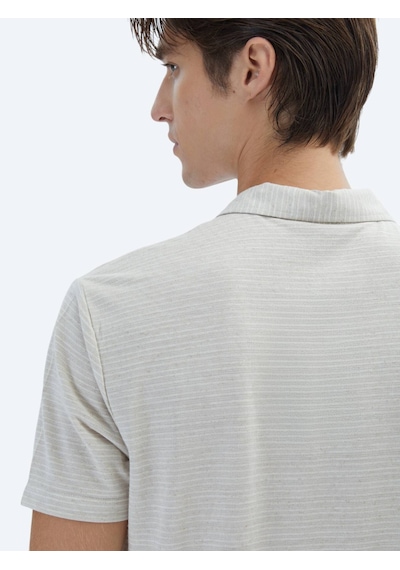 Kip Bej Çizgili Polo Yaka Pamuk Karışımlı T-shirt Bej