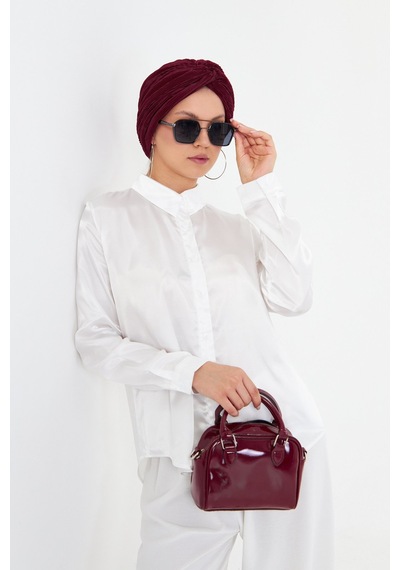 Hürrem Bone Bordo Çapraz Büzgülü Tesettür Bone Fukuro Piliseli 2512 16 Bordo