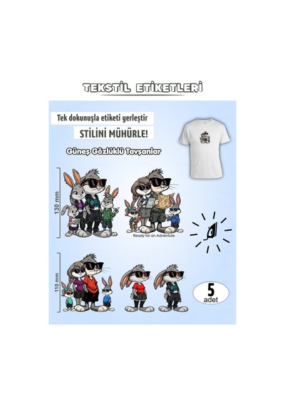 Ütü İle Yapışan Kıyafet Etiketi Güneş Gözlüklü Tavşanlar 5li Set Karışık