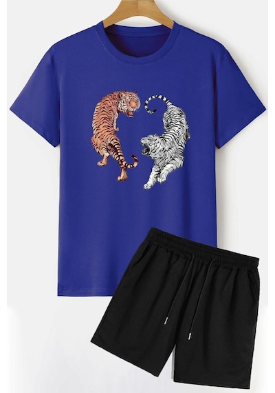 Uyguntarz Tiger Şort T-shirt Eşofman Takımı Mavi