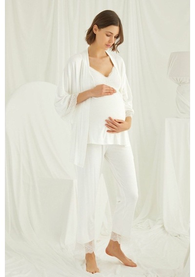 Burdagel Monamise Kadın Ekru Hamile Lohusa Sabahlıklı Pijama Takım 18433