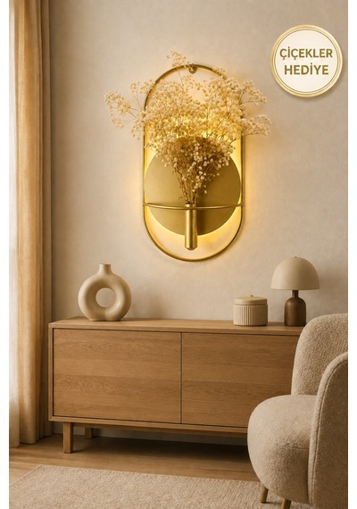 Gold Aplik Model Çiçeklik 1 Adet + Cipso Çiçek 1 Adet , Modern Dekoratif Duvar Dekoru Gold - 699584521