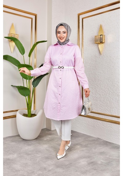 Harmatime Kemerli Çizgili Keten Gömlek Pembe
