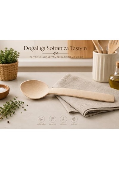 El Yapımı Yemek Karıştırma Kaşığı, Doğal Kayın Ağacı, Kimyasal İçermez, Dayanıklı