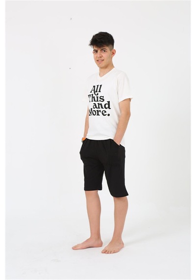 Akbeniz Erkek Genç Garson Boy Kısa Kol Ekru Penye Şortlu Pijama Takımı 20377