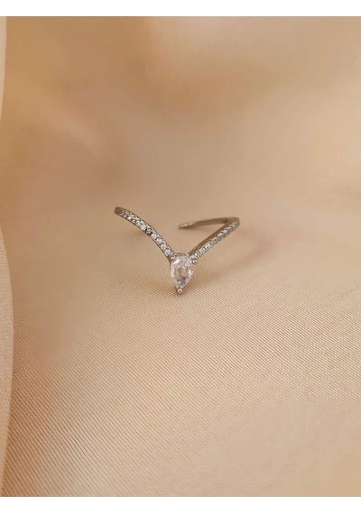 V Model Damla Zirkon Taşlı Ayarlanabilir Silver Gümüş Renkli Yüzük Silver