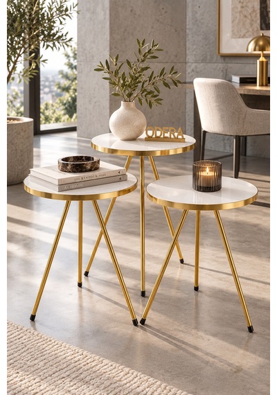 Odera Beyaz Yuvarlak Zigon Sehpa 3'lü Set Metal Ayaklı Modern Salon Sehpası