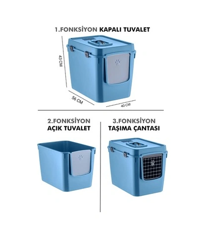 Maskot Üstten Kapaklı Kapalı Kedi Tuvaleti Mavi