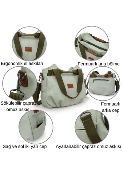 Cappadocia Vintage 3212 Demeter Kadın Mint Yeşili Omuz El Günlük Tote Cepli %100 Pamuk Kanvas Çapraz Çanta