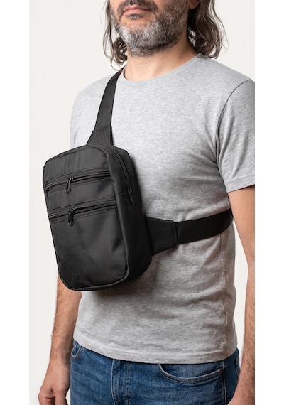 Emre Çanta Dikim Evi Dikey Model 4 Bölmeli Çapraz Göğüs Çantası Geniş Hacimli Body Bag Logosuz Sade Tasarım Siyah