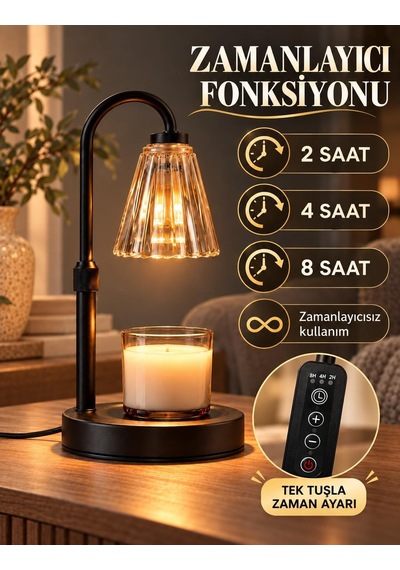 Valkyrie Oluklu Cam Başlıklı Mum Isıtma Lambası Zaman Ayarlı 4 Kademeli Işık 2 Ampullü Siyah