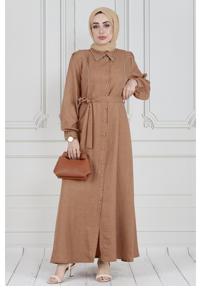 Sevitli İnci Çakım Önü Düğmeli Keten Elbise-camel-3615-camel Camel