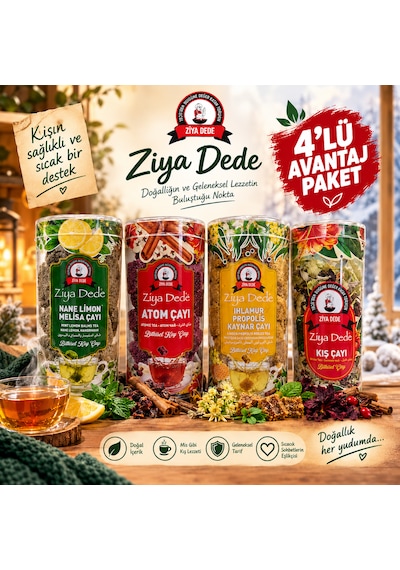 Ziya Dede 4'lü Avantaj Paketi Kış Çayı, Nane Limon Melisa Çayı , Ihlamur Propolis Kaynar Çayı Ve Atom Çay Karışımı 4'lü Ekonomik Set