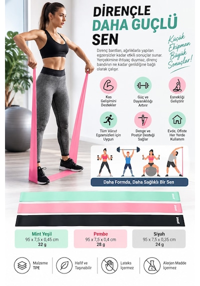 Online 3’lü Pilates Direnç Bandı Seti Fitness Egzersiz Lastiği