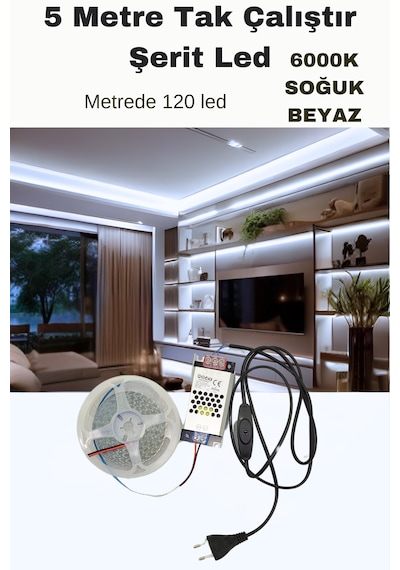 Dolap / Duvar 5 Metre Tak Çalıştır Mt/120 Led Şerit Led 6000k