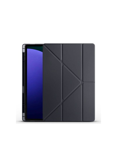 Galaxy Tab S9 Ultra 2023 Sm-x910 Uyumlu Kalem Bölmeli Dönebilen Üçgen Standlı Tri Folding Tablet Kılıfı - Siyah - T29818