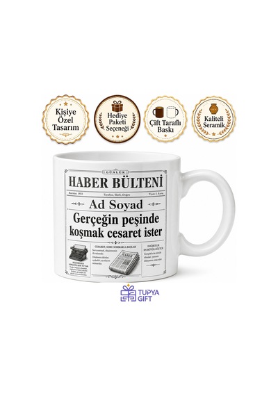 İsimli Bülten Temalı Gazeteci Kupası Kişiye Özel Baskılı Hediye Bardak Beyaz / Çok Renkli