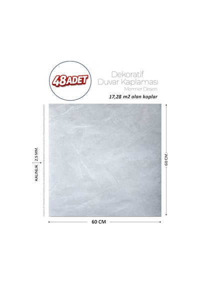 60x60 Cm Kendinden Yapışkanlı Duvar,banyo,tezgah Arası Açık Gri Mermer-48 Adet 902-60-48