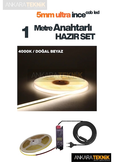 Ankara Teknik 5mm Ultra Ince Cob Şerit Led - 4000k Doğal Beyaz 12volt Tak Çalıştır Anahtarlı Set Metre Seçiniz 1 Metre