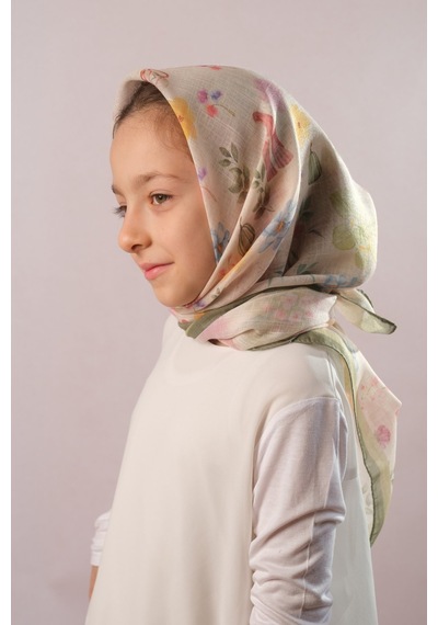 Hürrem Bone Haki Dijital Baskılı Çocuk Tesettür Eşarp Pamuk Polyester Çiçek Desenli 6002 09 Haki