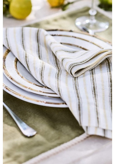 Crate & Barrel Jake Arnold Brighton Peçete, %100 Avrupa Keteni Renkli Çizgili Tasarım Runner Bej 55 X 55