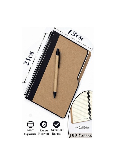 Sert Kapak Çizgili Defter 100 Yaprak 1 Adet Kalem Hediyeli Lastikli Defter Spiralli Günlük Defteri Siyah