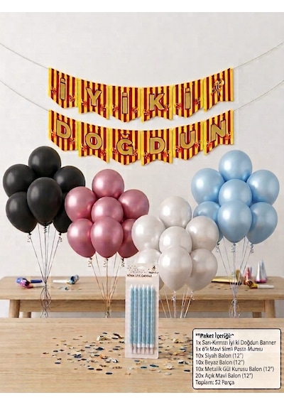 52 Parça Doğum Günü Balon Süsleme Seti Sarı - Kırmızı İyiki Doğdun Banner, 6'lı Mavi Simli Pasta Mumu, Gül Kurusu, Siyah, Beyaz & Açık Mavi Balon Paketi Karısık 52 Parça Doğum Günü Balon Süsleme Seti Sarı - Kırmızı İyiki Doğdun Banner, 6'lı Mavi Simli Pasta Mumu, Gül Kurusu, Siyah, Beyaz & Açık Mavi Balon Paketi Karısık