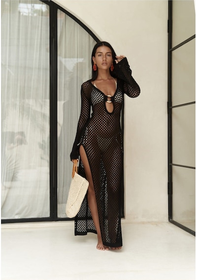 Mai Collection Mai Studios Co. Seyşeller Ahşap Halka Detay Siyah Triko Elbise siyah