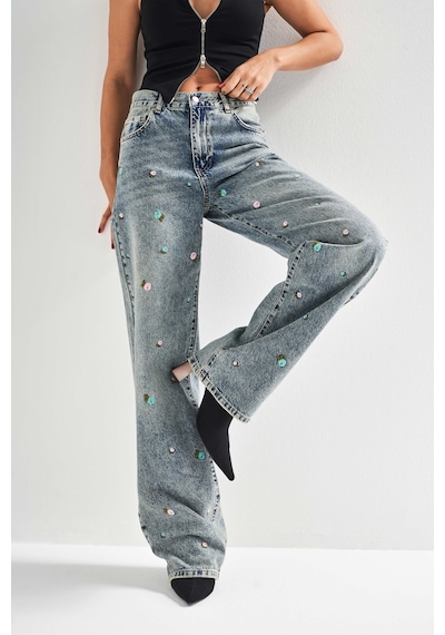 it's basic Kadın Kot Rengi 4s5-65 Çiçek Nakışlı Loose Fit Orta Bel %100 Koton Denim Jean Mavi