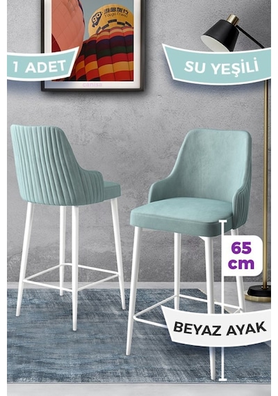 Canisa Tera Serisi 1 Adet 65 Cm Su Yeşili Ada Mutfak Bar Sandalyesi Babyface Kumaş Beyaz Metal Ayaklı Sandalyeler Su Yeşili Ayaklar Beyaz