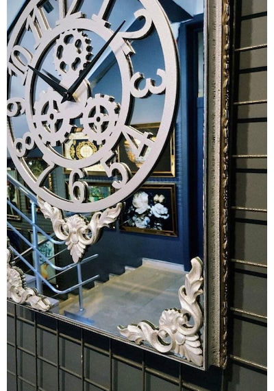 3lü Gümüş Dikdörgen Aynalı Çerçeveli Püsküllü Duvar Saati Takımı, Wall Clock, Hediye, Ms38-1