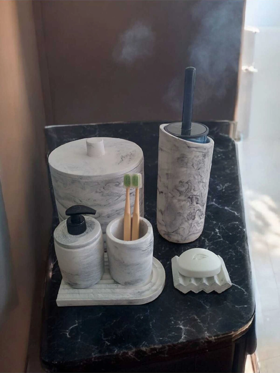 Mermer Serisi Gri Beton Banyo Seti,çöp Kovasi,tuvalet Fırçası Takim Gri